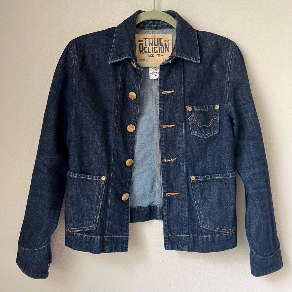 True Religion Dino Blue Collar Jean Dark Wash Denim Camden Jacket, size XS